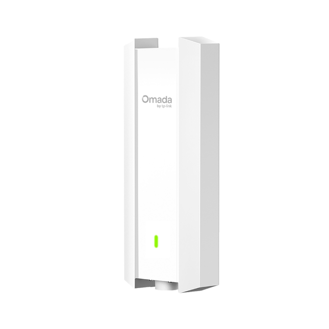 The TP-Link EAP650-Outdoor access point mounted outside, demonstrating its IP67 weatherproof casing against dust and rain.