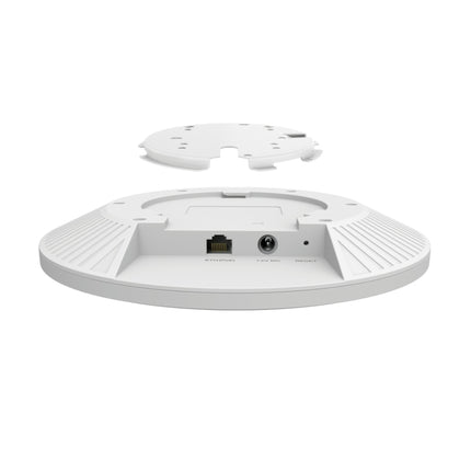 Rear view of the EAP683 UR showing its multi-gigabit PoE port and secure ceiling mounting mechanism.
