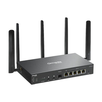 Rear view of the TP-Link ER706W-4G gateway showing the Nano SIM card slot, Gigabit SFP port, and five high-speed Ethernet ports.