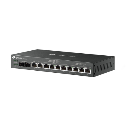 Close-up of the TP-Link ER7212PC gateway showing multiple Gigabit RJ45 ports and PoE+ ports for network connectivity.