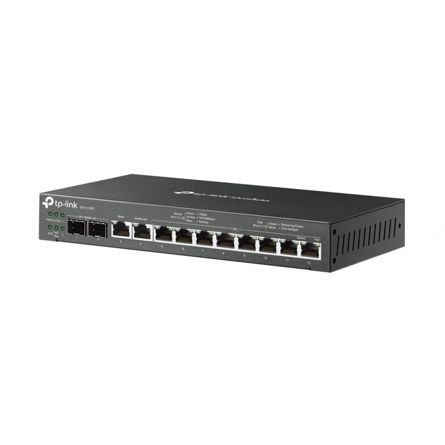 Close-up of the TP-Link ER7212PC gateway showing multiple Gigabit RJ45 ports and PoE+ ports for network connectivity.