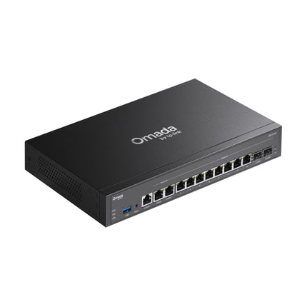 TP-Link Omada ER7412-M2 multi-gigabit hardware gateway installed in a professional network server rack.