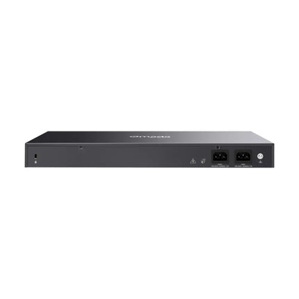 Front panel detail of the TP-Link ER8411 gateway highlighting the 10G SFP+ WAN/LAN slots and high-speed enterprise ports.