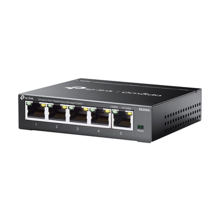 Front panel layout of the TP-Link ES205G switch highlighting the five 10/100/1000 Mbps RJ45 ports and LED status indicators.