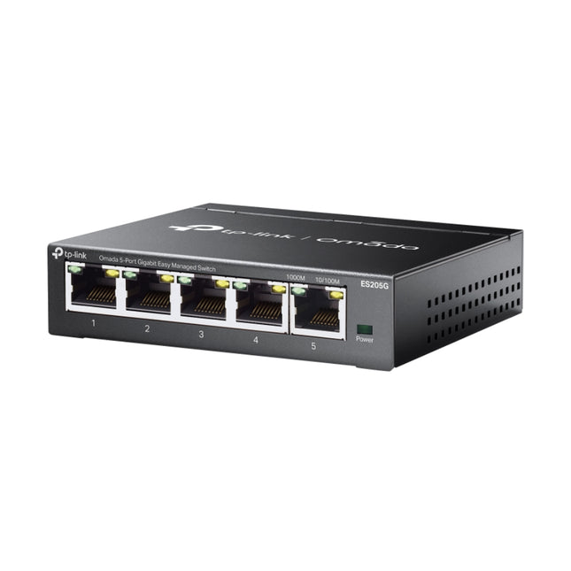Front panel layout of the TP-Link ES205G switch highlighting the five 10/100/1000 Mbps RJ45 ports and LED status indicators.