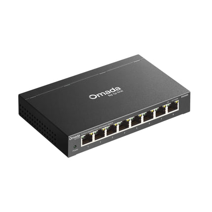 The compact, fanless TP-Link ES208G desktop switch deployed inside a small business office workspace.