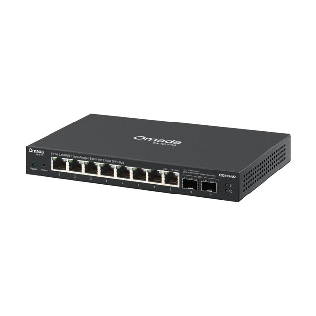 Front panel of the TP-Link ES210X-M2 switch highlighting the eight 2.5 Gbps RJ45 ports and dual 10G SFP+ slots for high-speed fiber uplinks.