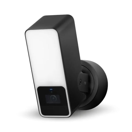 Close-up of the Eve Outdoor Cam highlighting its exclusive compatibility with Apple HomeKit Secure Video for private, encrypted cloud storage.  