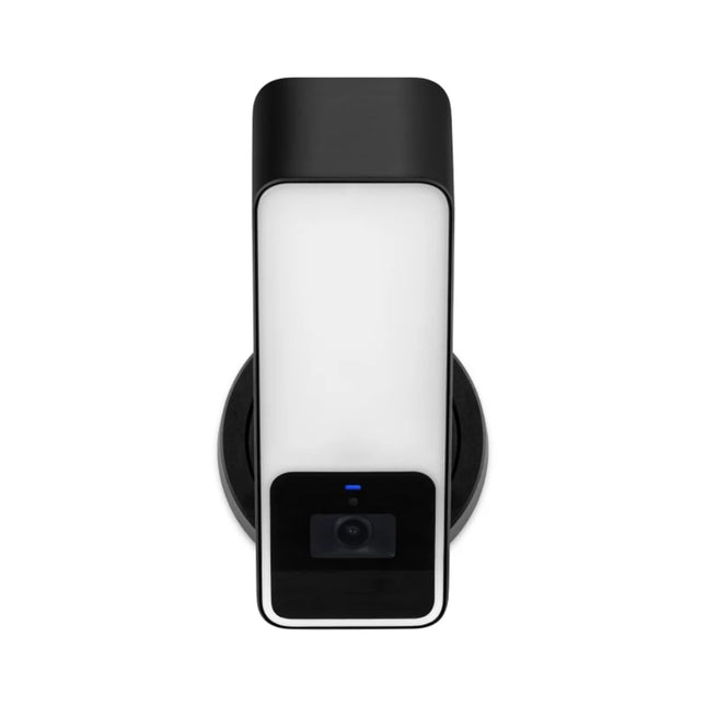 Front view of the black Eve Outdoor Cam 10ECA8101 smart floodlight security camera showing its sleek metal enclosure and integrated wide-angle lens.