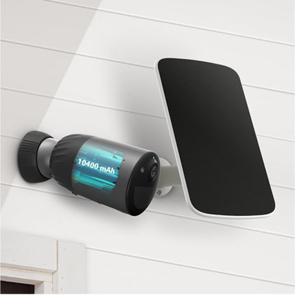 EZVIZ Solar Charging Panel for BC1c 4K Camera Black outdoor security camera  attached on a white wall.