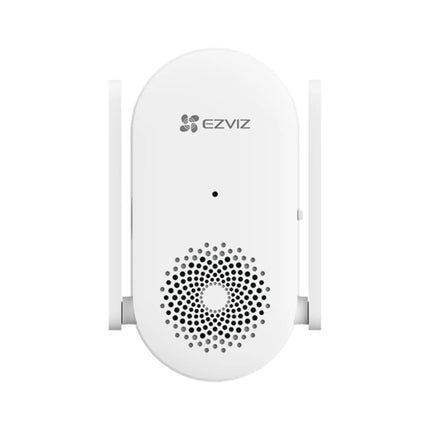 Front view of the white EZVIZ CH1 smart Wi-Fi chime and doorbell receiver featuring its compact wall-plug design and clean aesthetic.