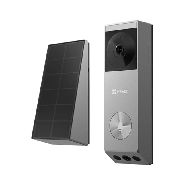 Front view of the sleek, black EZVIZ EP3x Pro smart video doorbell highlighting its dual-lens configuration, built-in PIR sensor, and central metallic ring button.