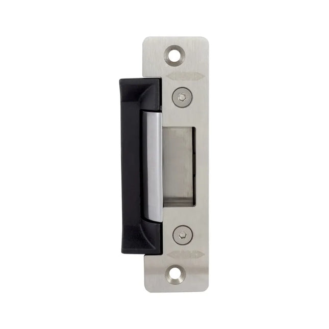 Front view of the FSH FES10 electric strike lock, featuring its high-durability stainless steel faceplate, compact ANSI footprint, and 1000kg holding force keeper.