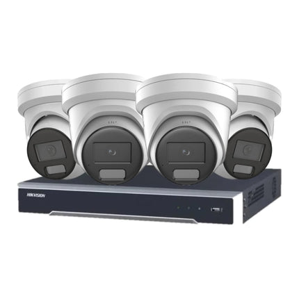 Hikvision 4 x 6MP Strobe Light, Two - way Audio, Alarm Cameras &amp; 4 Channel NVR CCTV Kit: 4 x ColorVu Turret Cameras + 4CH NVR Bundle - CCTV Guru