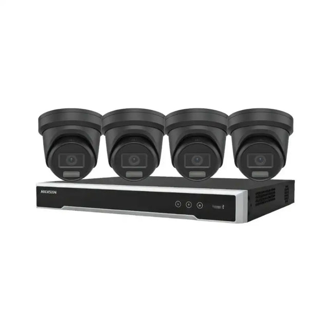 Hikvision ColorVu 8MP Black CCTV Kit – 4 Strobe, Audio & Alarm Turret Cameras + 8CH 8K NVR