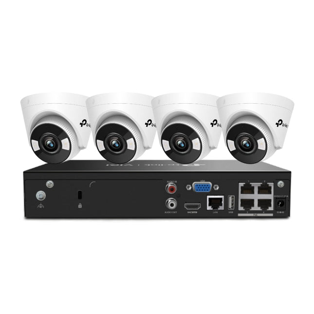 TP - Link VIGI 4 x 5MP Cameras & 4CH NVR CCTV Kit: 4 x Full Colour Turret Cameras + 4CH 4K PoE+ NVR Bundle - CCTV Guru
