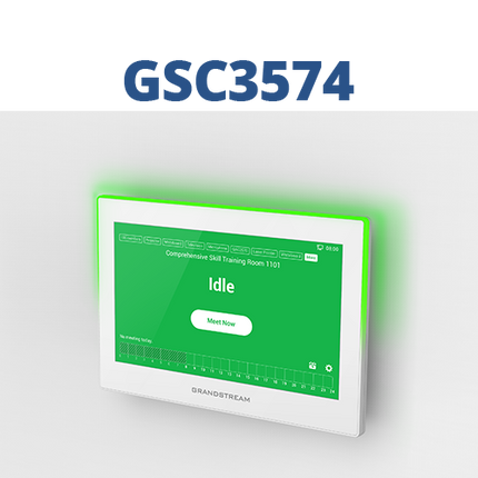 Grandstream GSC3574 white control station in meeting-room panel mode; configured application shown