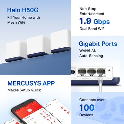 Mercusys Halo H50G(3 - pack) AC1900 Whole Home Mesh Wi - Fi System, 500m², 1300Mbps/600Mbps, 3xGigabit Port Per Unit, QoS, Router, Access Point - CCTV Guru