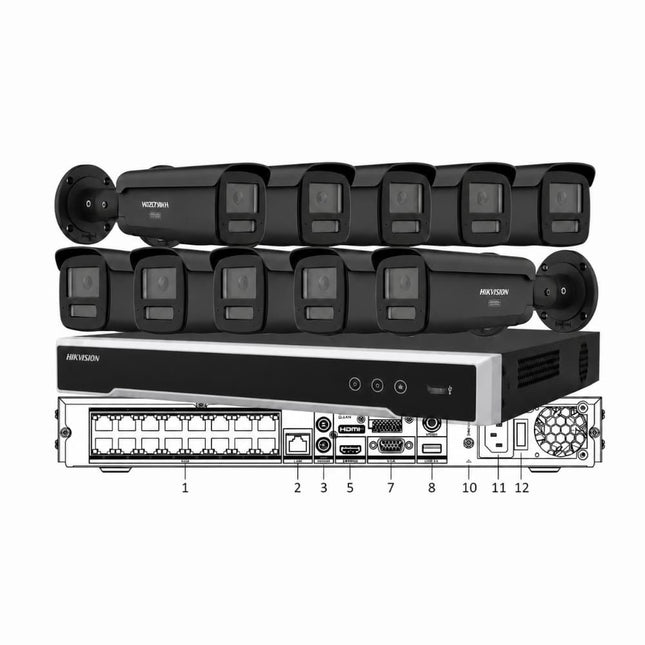 Hikvision 10-camera 8MP 4K ColorVu 3.0 Live-Guard black bullet CCTV kit with 16-channel 8K NVR