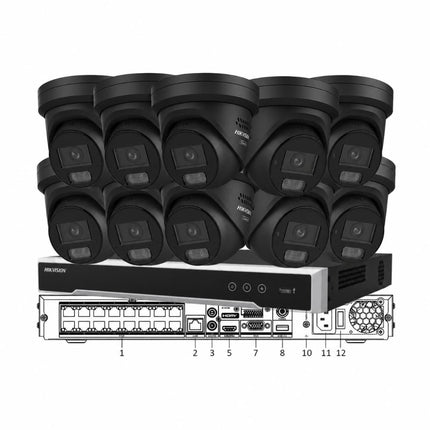 Hikvision 10 camera G3 ColorVu Live-Guard CCTV kit in black with 16 channel NVR