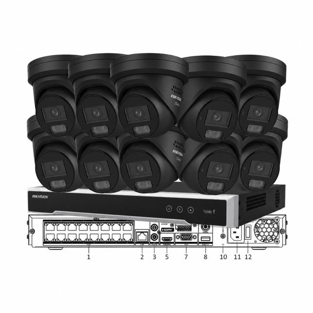 Hikvision 10 camera G3 ColorVu Live-Guard CCTV kit in black with 16 channel NVR