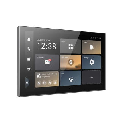 Side angle view of the surface-mounted Hikvision 9 Series luxury indoor station, highlighting its premium ultra-slim 23mm depth profile, sleek edge finish, and embedded proximity sensor block.