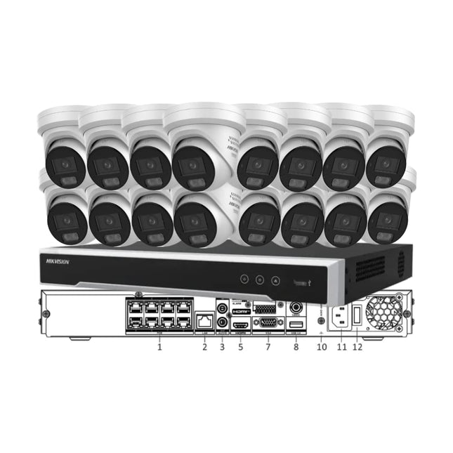Hikvision 16-Camera 8MP 4K ColorVu 3.0 active deterrence CCTV kit bundle featuring 16 smart hybrid light turret cameras, a 16-channel 8K M-Series PoE NVR, and a 4TB surveillance hard drive.