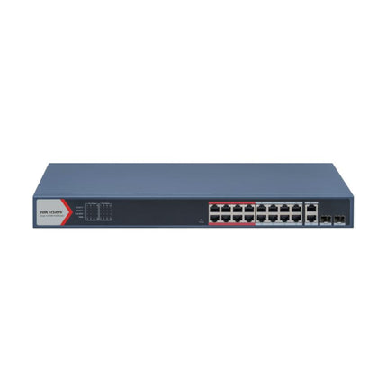 Close-up of the link status and PoE power LED indicators on the front panel of the Hikvision DS-3E1318P-EI network switch, displaying operational metrics for 16 security camera channels.
