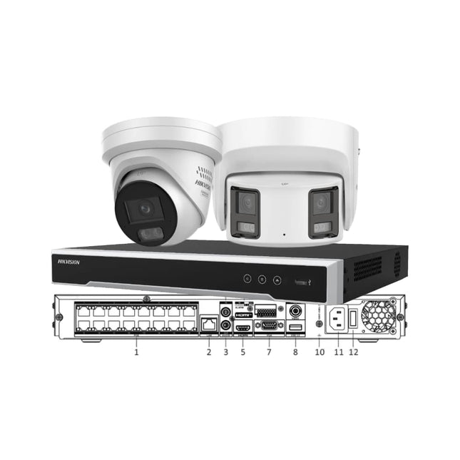 Hikvision professional 16-Channel 4K NVR kit with 180 degree Panoramic and 8MP ColorVu 3.0 cameras, showing the expanded back panel with 16 PoE ports for large property surveillance