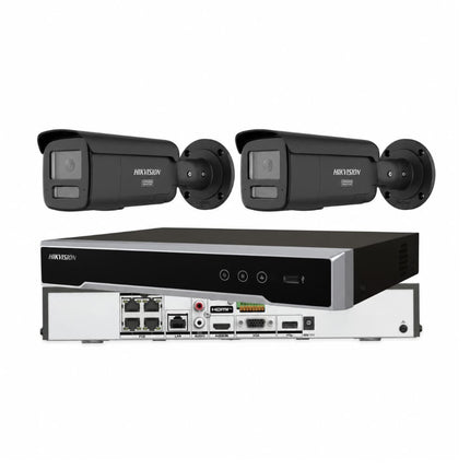 Hikvision 2-camera 8MP 4K ColorVu 3.0 Live-Guard black bullet CCTV kit with 4-channel PoE NVR