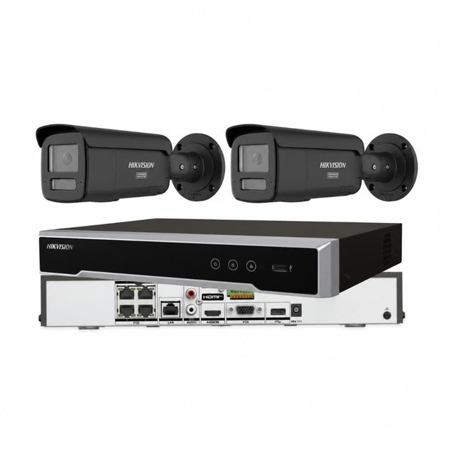 Hikvision 2-camera 8MP 4K ColorVu 3.0 Live-Guard black bullet CCTV kit with 4-channel PoE NVR