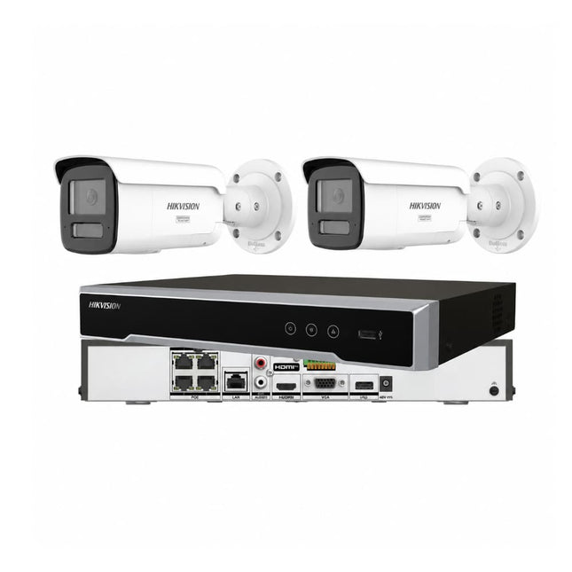 Hikvision 2-camera 8MP 4K ColorVu 3.0 Live-Guard white bullet CCTV kit with 4-channel PoE NVR