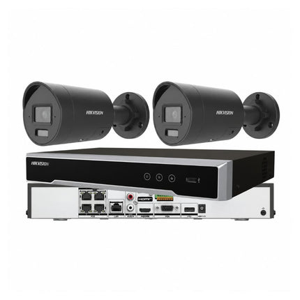 Hikvision 2-camera 8MP 4K AcuSense active-deterrence bullet CCTV kit in black with 4CH or 8CH PoE NVR