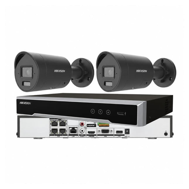 Hikvision 2-camera 8MP 4K AcuSense active-deterrence bullet CCTV kit in black with 4CH or 8CH PoE NVR