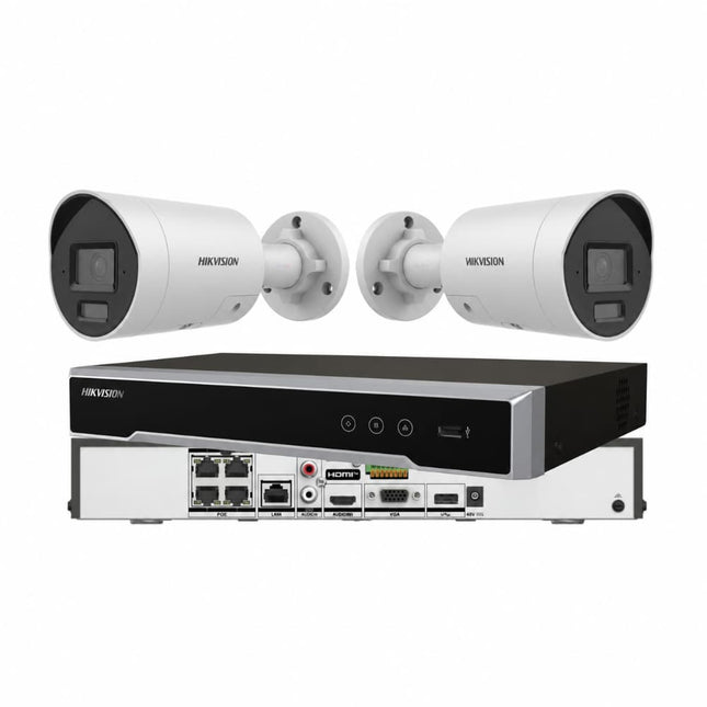 Hikvision DS-2CD2086G2H-I2U/SL white bullet cameras with M-Series NVR — strobe and two-way audio, Australian stock