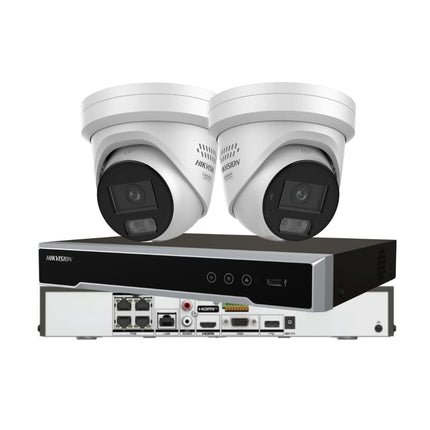 Hikvision 2-camera 8MP ColorVu 3.0 Live-Guard CCTV kit with two active-deterrence turret cameras and a 4 channel PoE NVR