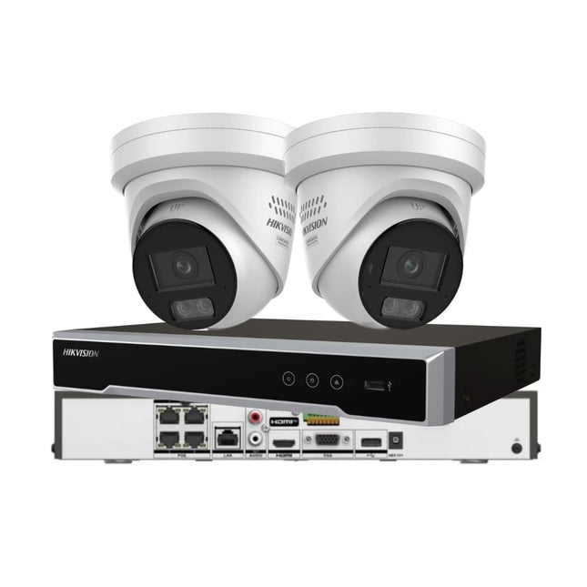 Hikvision 2-camera 8MP ColorVu 3.0 Live-Guard CCTV kit with two active-deterrence turret cameras and a 4 channel PoE NVR
