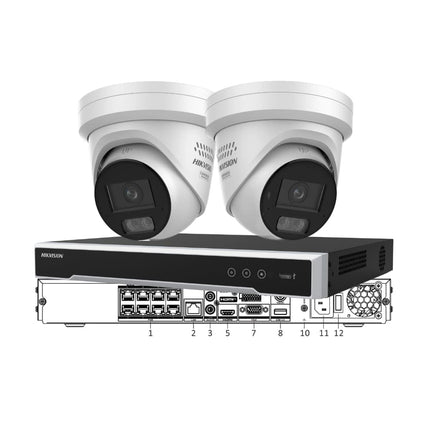 Hikvision 2-camera 8MP ColorVu 3.0 Live-Guard CCTV kit with two active-deterrence turret cameras and a 8 channel PoE NVR