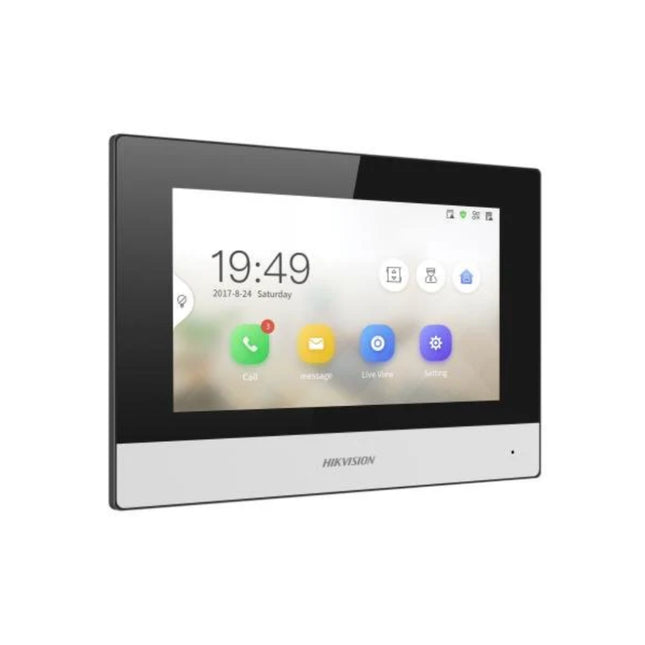 Close-up of the active 1024x600 resolution TFT screen on the Hikvision indoor monitor, demonstrating the built-in quick installation wizard that configures the entire intercom system without needing a separate PC.