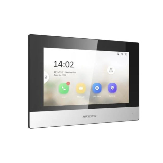 Side angle profile of the wall-mounted Hikvision 2-wire smart intercom display, showcasing its modern slim 15.1mm depth, minimalist white chassis, and space-saving surface-mount bracket setup.