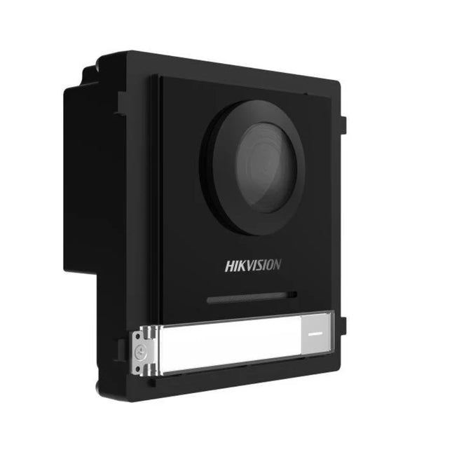 Macro view of the 2-megapixel high-definition fisheye camera lens on the Hikvision Y-Series intercom module, highlighting its ultra-wide 146-degree horizontal viewing angle and built-in IR sensor for low-light night visibility.
