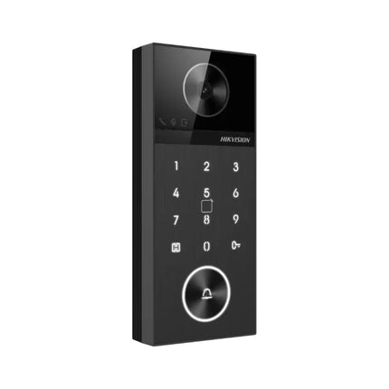 Top section of the Hikvision villa door station featuring a 4MP HD wide-angle camera lens with a 150-degree horizontal field of view