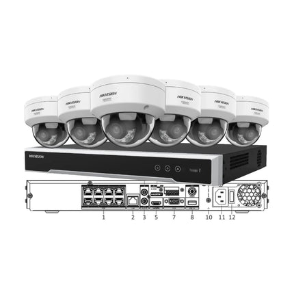 Hikvision 6-Camera 8MP ColorVu 3.0 Vandal Dome CCTV Kit Bundle featuring 6 x DS-2CD2187G3-LIS2UY 4K cameras and DS-7608NI-M2/8P-M 8-Channel 8K PoE NVR recorder.