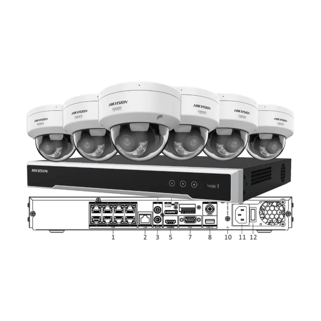 Hikvision 6-Camera 8MP ColorVu 3.0 Vandal Dome CCTV Kit Bundle featuring 6 x DS-2CD2187G3-LIS2UY 4K cameras and DS-7608NI-M2/8P-M 8-Channel 8K PoE NVR recorder.