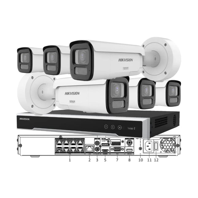 Hikvision 6 camera 8MP ColorVu 3.0 motorized varifocal active deterrence bullet and 8 channel 8K M series NVR surveillance system bundle kit