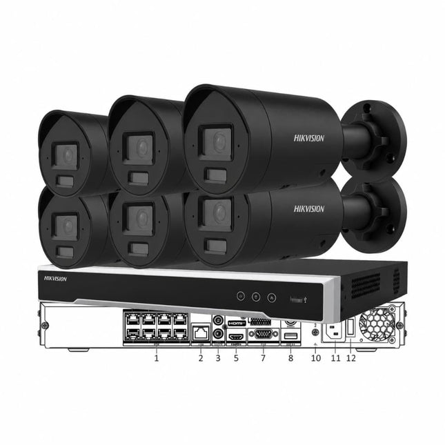 Hikvision six-camera 8MP 4K Live-Guard bullet CCTV kit in black with 8-channel PoE NVR