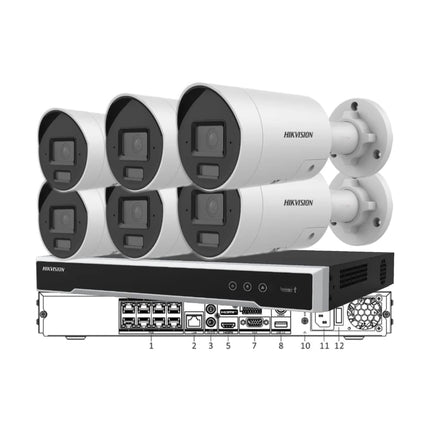 Hikvision six-camera 8MP 4K Live-Guard bullet CCTV kit in white with 8-channel PoE NVR