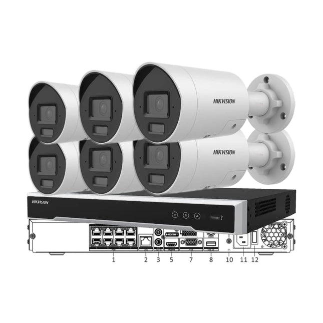Hikvision six-camera 8MP 4K Live-Guard bullet CCTV kit in white with 8-channel PoE NVR