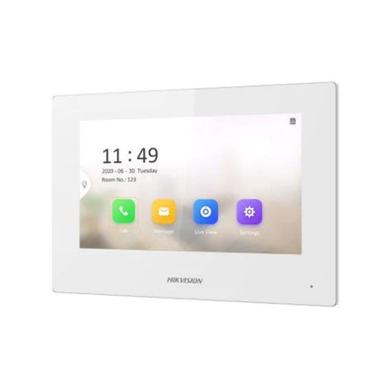 Close-up of the active 1024x600 resolution TFT LCD screen on the Hikvision LE1 room station, demonstrating real-time camera monitoring and a live video feed from a connected outdoor door station.