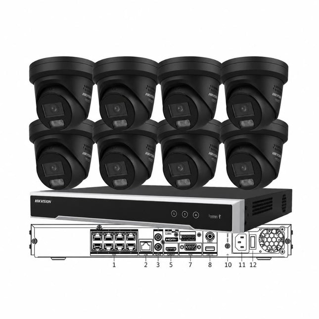 Hikvision 8-camera 8MP ColorVu 3.0 Live-Guard kit with black turret cameras and 8-channel 8K NVR